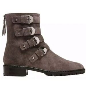 STUART Weitzman Jitter Bug Taupe Suede Buckle Moto Chunky Combat Boots EUC 6